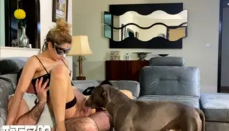 Dog helps husband fuck sexy wife