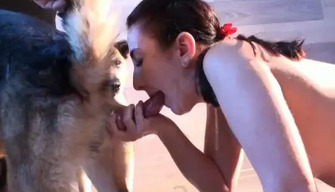 Russian slut Julia smartly licks ass and sucks dogs cock