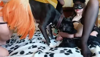 Two Russian sluts Angela and Nadia are fucked by a dog